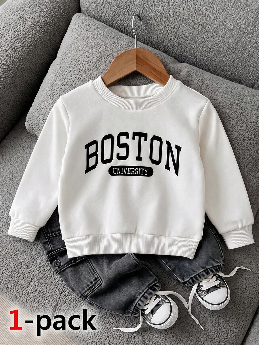 SHEIN Playful Pals 1件嬰幼兒男女通用 6個月-3歲休閒白色長袖圓領套頭運動衫,適合四季穿著,簡約百搭 - 白色 - 查看 1