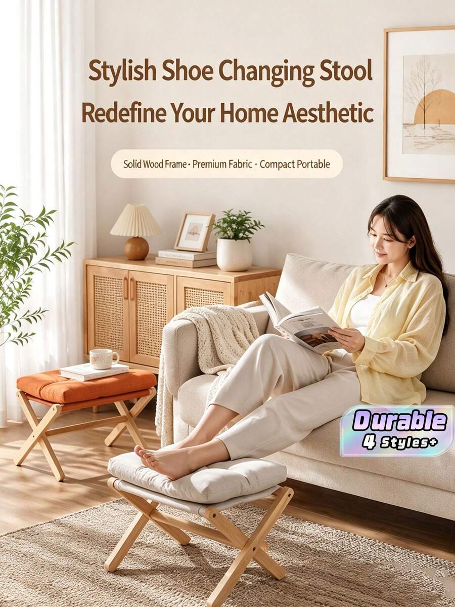 1pc Foldable Beech Wood Low Stool With Storage For Home Living Room, Sofa Footrest With Soft Breathable Cushion. - Multicolor - View 1