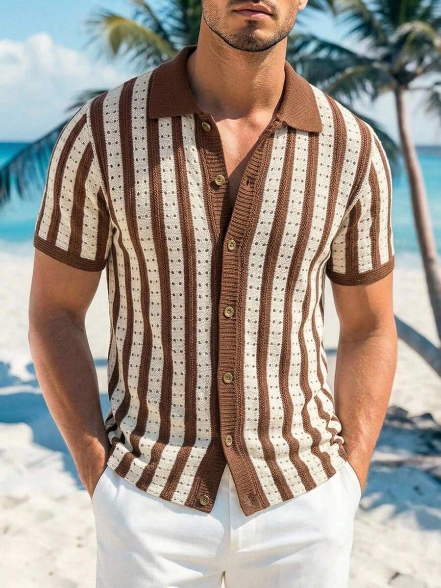 Manfinity Homme Men's Colorblock Striped Short Sleeve Knit Top Holiday / Vacation / Beach / Hawaii / Tropical / Swim / Bathing - Brown - View 1