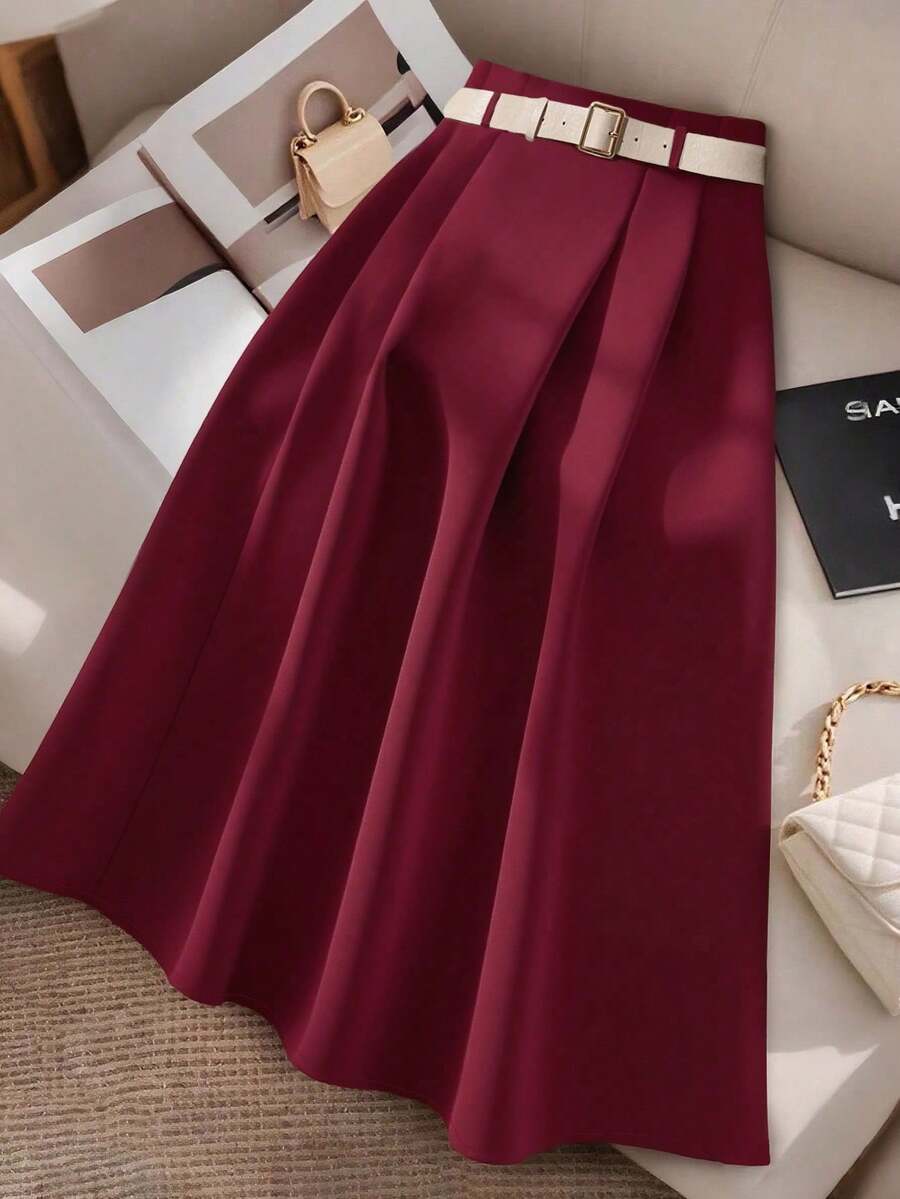 GlowEve CURVE Plus Size Solid Color Elegant Slim A-Line Skirt - Burgundy - View 1