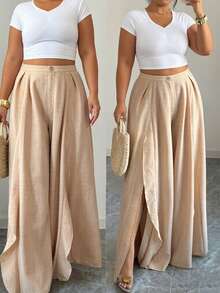 Elenzga Plus Size Women's Solid Color High Waist Pleated Wide Leg Casual Pants - Khaki - View 4