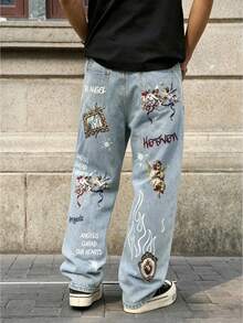 Manfinity EMRG Men's Casual Versatile Daily Travel Denim Jeans With Pocket, Button And Letter Angel Pattern - Blue - View 5