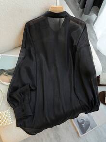 INAWLY Plus Size Women Solid Color Long Sleeve Single-Breasted Shirt - Black - View 2