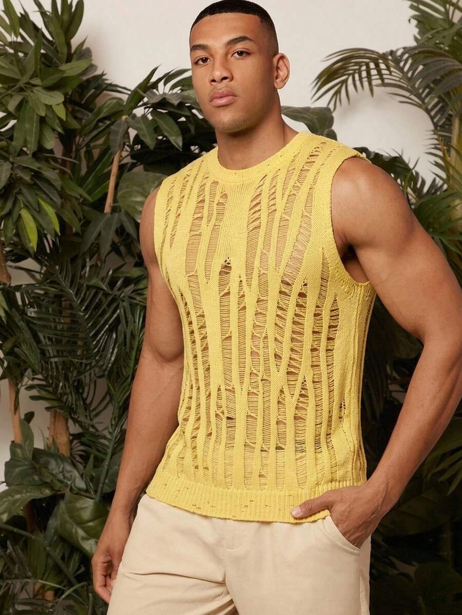 Manfinity RSRT Men's Solid Color Hollow Design Round Neck Casual Knit Vest Holiday / Vacation / Beach / Hawaii / Tropical / Swim / Bathing - Yellow - View 1