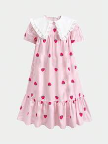 SHEIN Tween女孩時尚優雅草莓粉條紋領口洋裝 返校穿搭 - 粉色 - 查看 6
