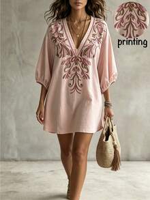 Linhara CURVE Plus Size Women's Deep V-Neck Floral Print Casual Daily Blouse Fall - Pink - View 1