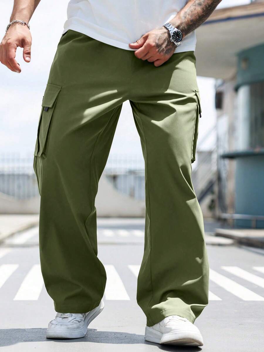 Manfinity Homme 大尺碼男士純色工裝口袋寬鬆休閒長褲 - 軍綠色 - View 1