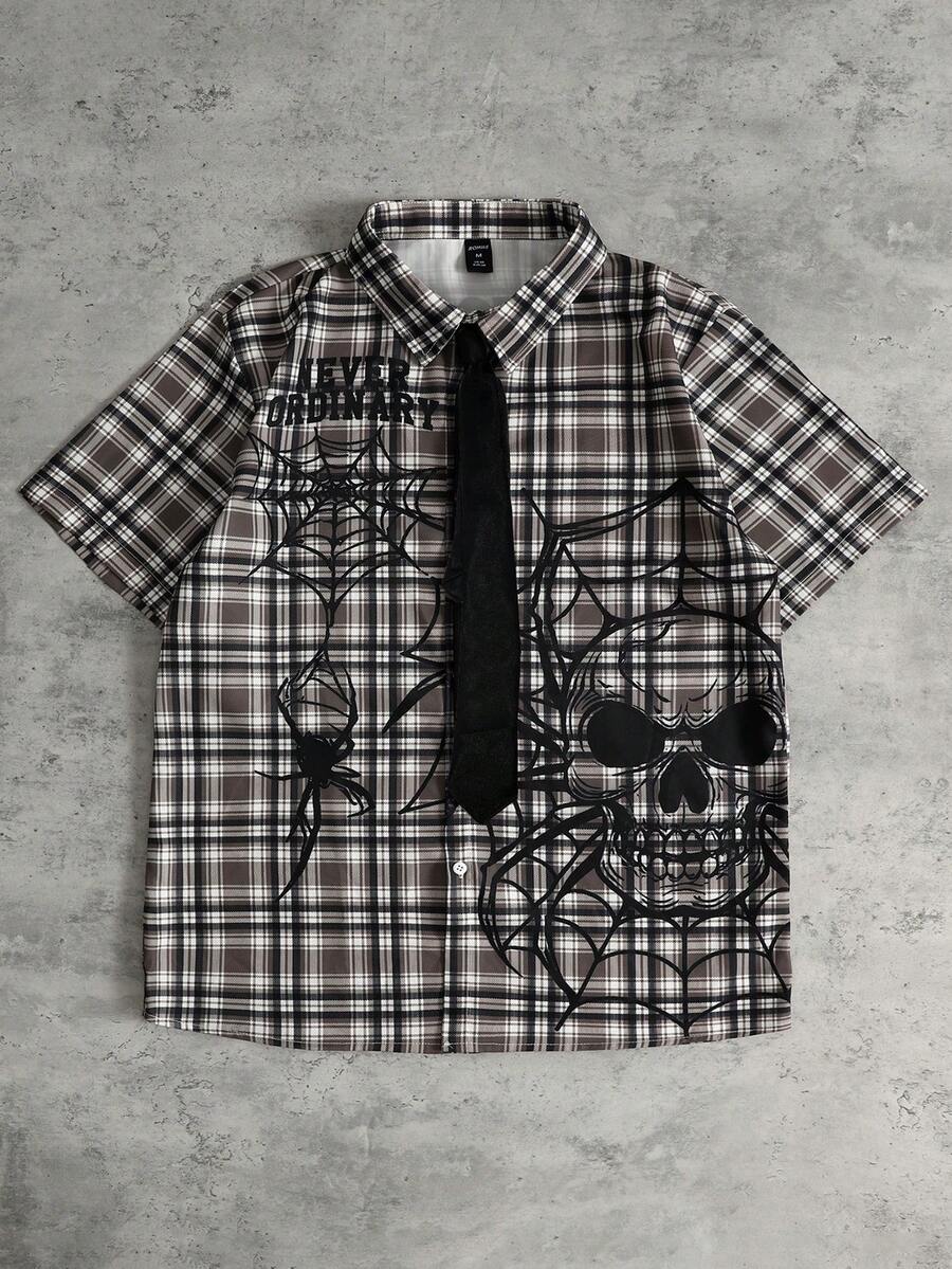 ROMWE MEN Men's Plaid Short Sleeve Skull Pattern Loose Fit Shirt With Tie - Brown - View 1