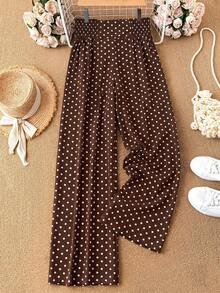 SHEIN Essnce Plus Size Women's Spring/Summer Fashion Casual Loose Comfortable Daily All-Match Versatile Polka Dot Elastic Waist Wide Leg Pants, Women's Bottoms, Comfortable Pants, Autumn , Minimalist Style - Brown - View 6