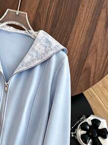 GlowEve Blue Lace Patchwork Double Zipper Front Lapel Long Sleeve Jacket & Wide Leg Pants Casual Women 2 Pieces Set - Blue - View 3