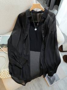 INAWLY Plus Size Women Solid Color Long Sleeve Single-Breasted Shirt - Black - View 3