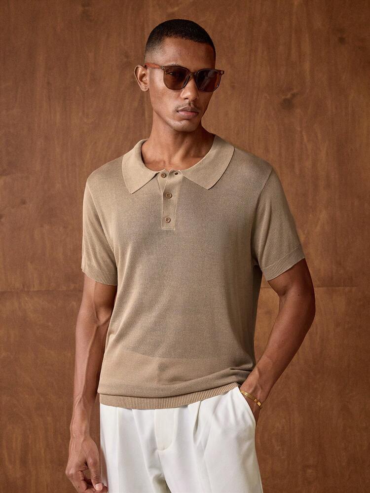 AKNOTIC Camisa polo de manga corta de punto de moda casual con ajuste elástico y slim fit, hombros regulares, camisa de golf, adecuada para verano, vacaciones, uso diario, fiesta, atuendo de pareja, regalo para hombres - Caqui - Añade 3
