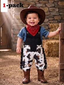 SHEIN Playful Pals 幼兒男童西式家庭套裝可愛風格牛仔休閒百搭農場圖案印花裝飾拍照用黑白夏季 - 黑與白 - 查看 7