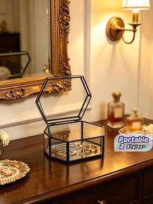 Luxury Black Polygon Glass Jewelry Display Box For Desktop Decor, Retro European Hex Embossed Glass Coasters With Golden Brass Edging, Anti-Slip Dining Table Ornament Mats. - black - View 1