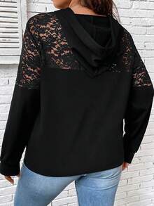 SHEIN CURVE+ Plus Size Women's Drawstring Hooded Lace Casual Versatile Daily Long Sleeve Sweatshirt Fall - Black - View 2