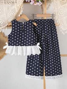 SHEIN Genkimix Kids 少女蝴蝶結背心套裝，休閒可愛學院風，復古寬鬆波點設計，適合夏季返校、戶外運動與日常穿著，舒適穿搭 - 彩色 - 查看 2