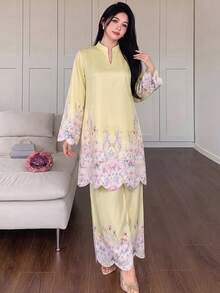 Modelyn Spring/Summer Women's V-Neck Embroidered Fashion Loose 2 Pieces Set - Yellow - View 5