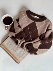 Muvela Women's Casual  Brown Colorblock Argyle Sweater, Autumn/Winter Brunch Going Out Top Casualfour Seasonsautumn Back Toschool Work Festival - Multicolor - View 6