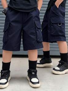 SHEIN 青少年男孩休閒百搭工裝短褲，附口袋，適合日常穿著 - 藏蓝色 - 查看 2