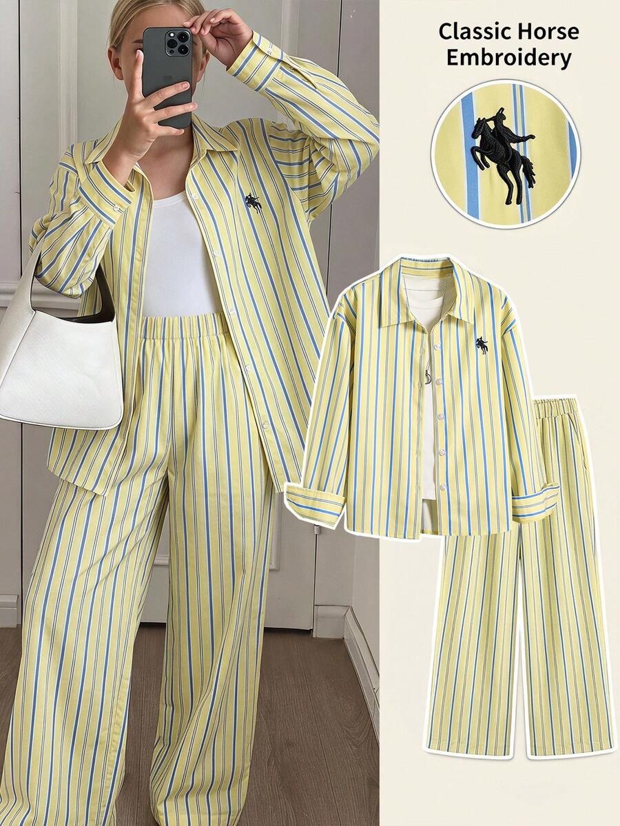 SHEIN Tween Girl Collared Long Sleeve Shirt And Striped Pants Set - Multicolor - View 1