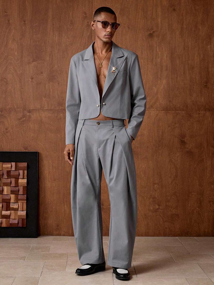 HIMLAND Men's Woven Fashion Casual Loose Long Sleeve Blazer And Elastic Straight Leg Pants 2 Pieces Set - Dark Grey - View 1