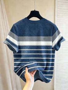 Chillumni 男士美式復古水洗做舊條紋拼接圓領短袖 HK 刺繡 T-shirt - 彩色 - 查看 2