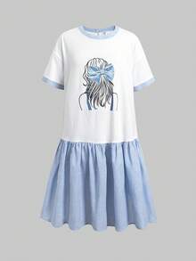 SHEIN 青少年女孩肖像印花學院風拼接洋裝，返校季 - 藍色 - 查看 4