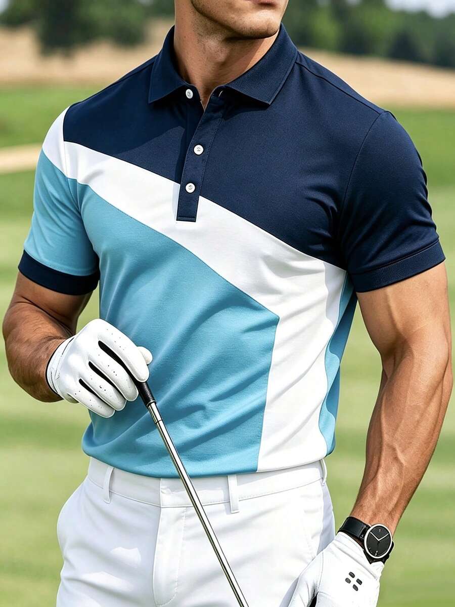 Manfinity Mode Men's Diagonal Colorblock Patchwork Polo Shirt, Summer Collared Polo Shirt - Multicolor - View 1