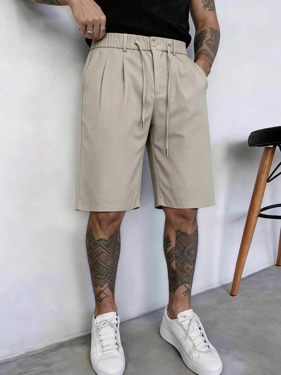 Manfinity CasualCool 男士米色短褲,極簡時尚正裝短褲,百褶設計休閒百搭 - 卡其色 - 查看 1