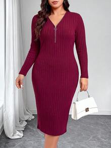 SHEIN LUNE CURVE Plus Size Fashion Zipper V-Neck Slimming Bodycon Dress For Date, Gathering, Commute And Street Wear Fall - Red - View 5