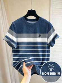 Chillumni 男士美式復古水洗做舊條紋拼接圓領短袖 HK 刺繡 T-shirt - 彩色 - 查看 1