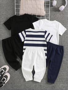 SHEIN Playful Pals Conjunto de 6 piezas/Set para bebé niño con estampado de caballero pony, elemento a rayas, camiseta de cuello redondo de manga corta y pantalones largos, atuendo casual, conjunto de ropa de verano y otoño para niño, conjunto de camiseta para bebé y niño pequeño, paquete de varias piezas - Multicolor - Ver 4