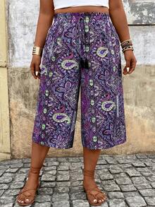 Breezaya Plus Size Casual Straight Leg Pants With Pockets And Drawstring, Loose Retro Summer Trousers - Purple - View 3