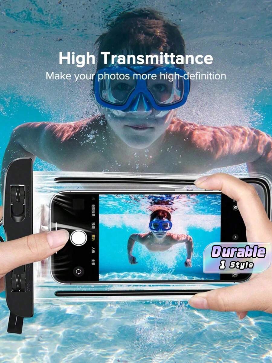 1pc Luminous Fluorescent Waterproof Phone Pouch, Touchscreen & Face Unlock Supported, Transparent Waterproof Phone Case For Swimming & Drifting, Sealed Phone Cover, Beach Essential, Beach Accessory, Pool Float - Pink - View 1