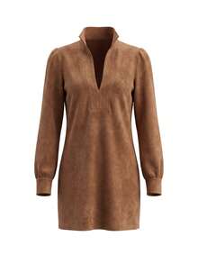 LUMIGAL Women's Autumn/Winter Stand Collar Button Decor Long Dress With Half-Open V-Neck, Lantern Sleeves, Metal Buttons, Straight Loose Short Dress - Brown - View 3