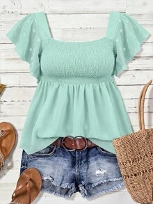 SHEIN CURVE+ Women's Plus Size Square Neck Flutter Sleeve Slimming Casual Blouse - Green - View 1