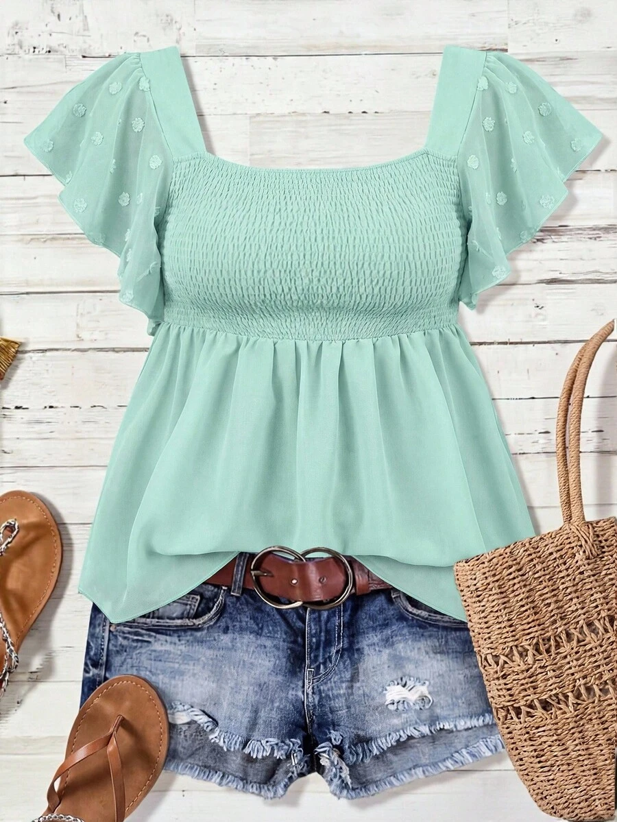 SHEIN CURVE+ Women's Plus Size Square Neck Flutter Sleeve Slimming Casual Blouse - Green - View 1