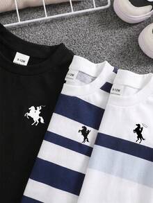 SHEIN Playful Pals Conjunto de 6 piezas/Set para bebé niño con estampado de caballero pony, elemento a rayas, camiseta de cuello redondo de manga corta y pantalones largos, atuendo casual, conjunto de ropa de verano y otoño para niño, conjunto de camiseta para bebé y niño pequeño, paquete de varias piezas - Multicolor - Ver 8