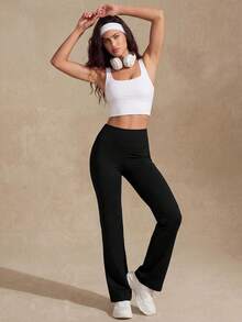 SHEIN Sports بنطلون رياضي ذو خصر عالي وتصميم جيوب وساق ضيقة مفرقعة - الأسود - مشاهدة 2