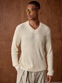 Vientiro Men's New Ribbed Fashion Versatile V-Neck Long Sleeve Sweater - Apricot - View 4