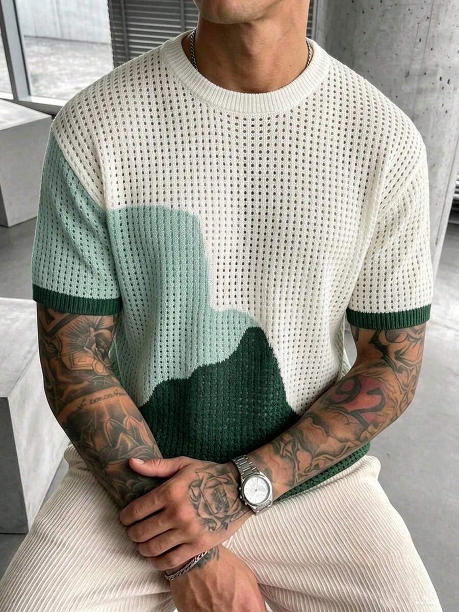 Manfinity Hypemode Camiseta de punto de manga corta con cuello redondo y bloques de color blanco & verde para hombre - verde menta - Ver 1