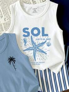 Souflis Souflis 3 Set Pakaian Bayi Laki-Laki, Atasan Tanpa Lengan Motif Pohon Kelapa Minimalis Modis Dipadukan dengan Celana Pendek Motif Pohon Kelapa Warna Kontras - MultiWarna - View 6