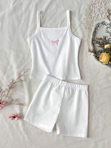 SHEIN 女童小女孩春夏細肩帶背心短褲套裝 素色吊帶背心與內搭褲內衣套裝 2件組 全季適用 - 粉色 - 查看 6