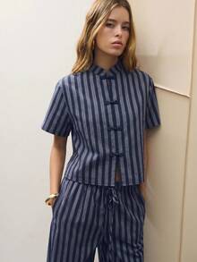 Nöista Traje estampado con cuello con volantes y cintura definida para mujer - Azul Marino - Ver 12