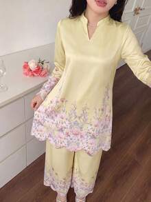 Modelyn Spring/Summer Women's V-Neck Embroidered Fashion Loose 2 Pieces Set - Yellow - View 6