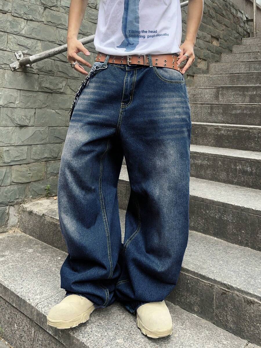 Manfinity EMRG Men's Casual Washed Loose Fit Baggy Jeans - Blue - View 1