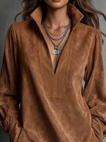 LUMIGAL Women's Autumn/Winter Stand Collar Button Decor Long Dress With Half-Open V-Neck, Lantern Sleeves, Metal Buttons, Straight Loose Short Dress - Brown - View 4