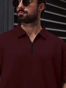 Manfinity Homme Men's Plus Size Solid Color Short Sleeve Polo Shirt And Long Pants Set - Burgundy - View 5