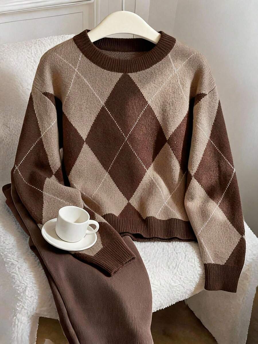 Muvela Women's Casual  Brown Colorblock Argyle Sweater, Autumn/Winter Brunch Going Out Top Casualfour Seasonsautumn Back Toschool Work Festival - Multicolor - View 1