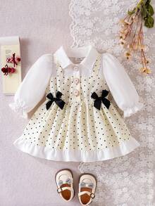 SHEIN Playful Pals 嬰兒長袖領口拼接淺黃色波點收腰蝴蝶結裝飾 2合1 初秋休閒時尚女嬰洋裝 - 白色 - 查看 2